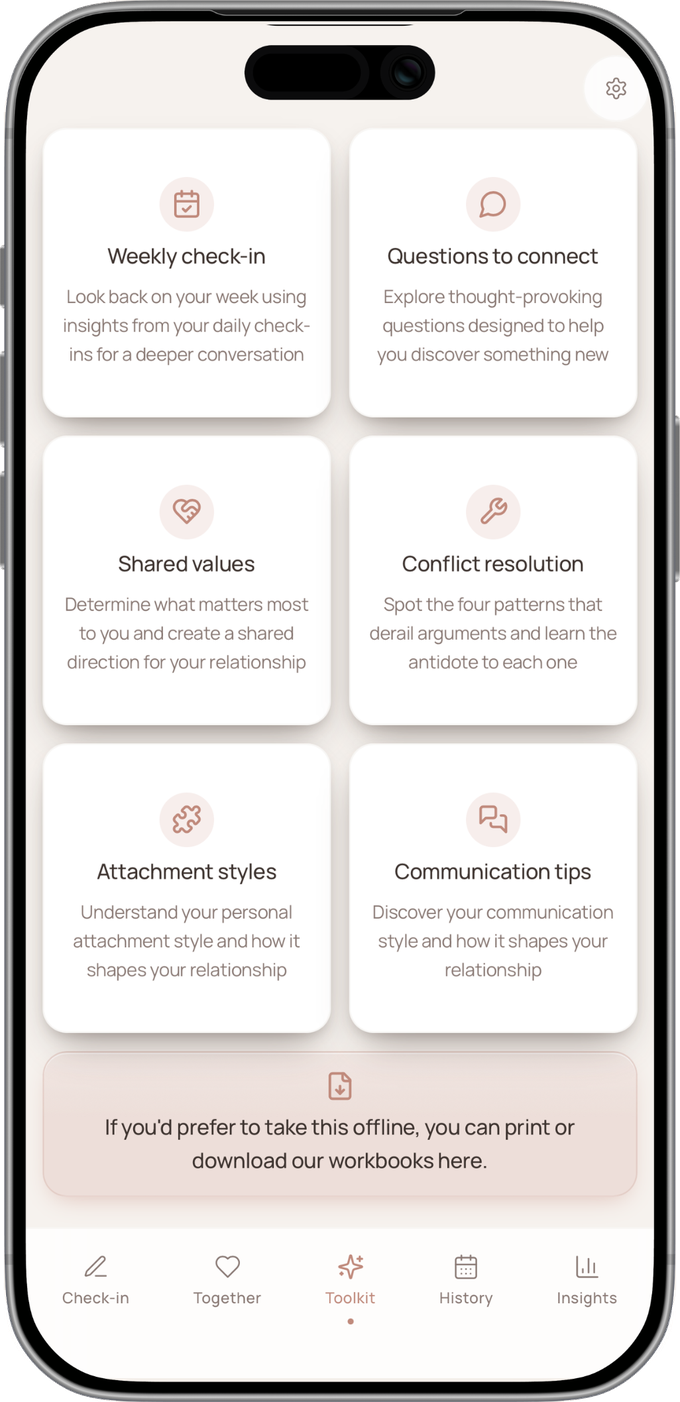 The Yoke toolkit screen: weekly check-in, questions to connect, shared values, conflict resolution, attachment styles and communication tips.